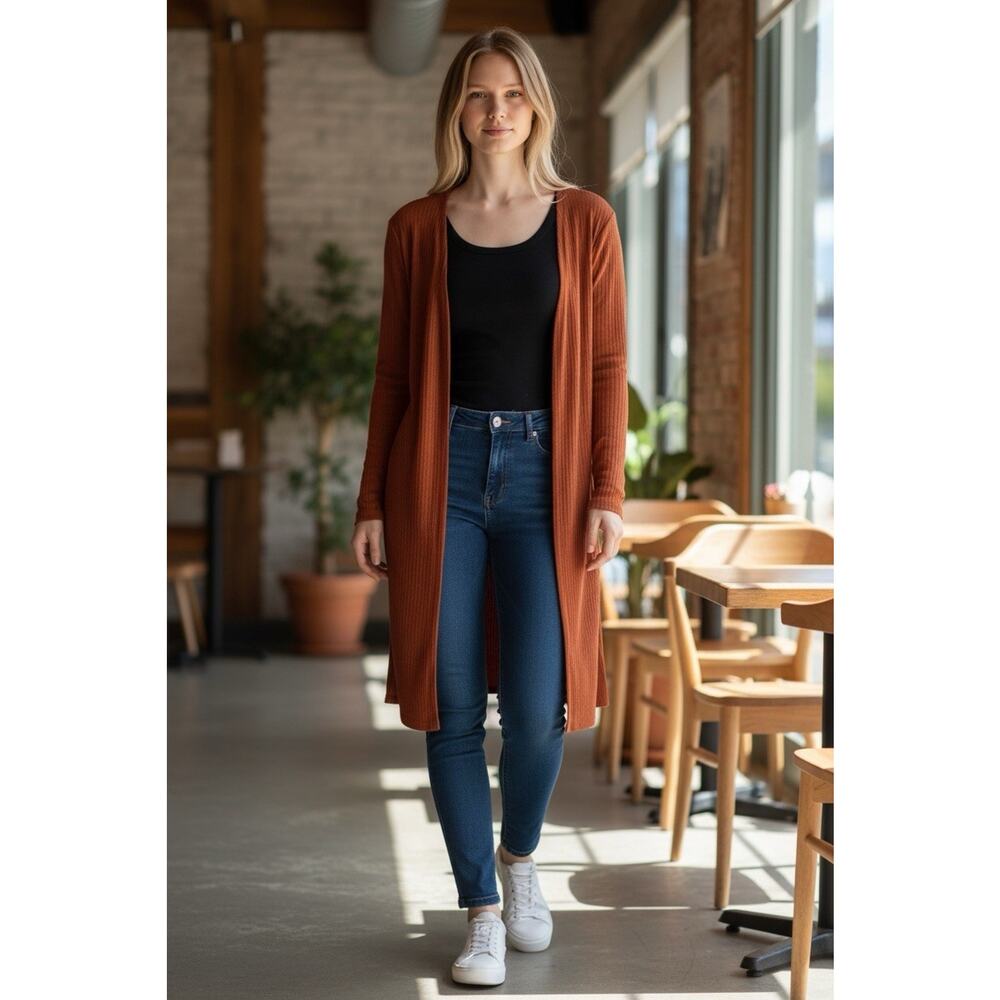 Shein Brown Long Duster Sweater Sz Large Ribbed Cardigan Western Boho